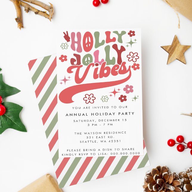 Invitation Coloré Retro Super Holly Jolly Vibes (Colorful Retro Groovy Holly Jolly Vibes Holiday Invitation)