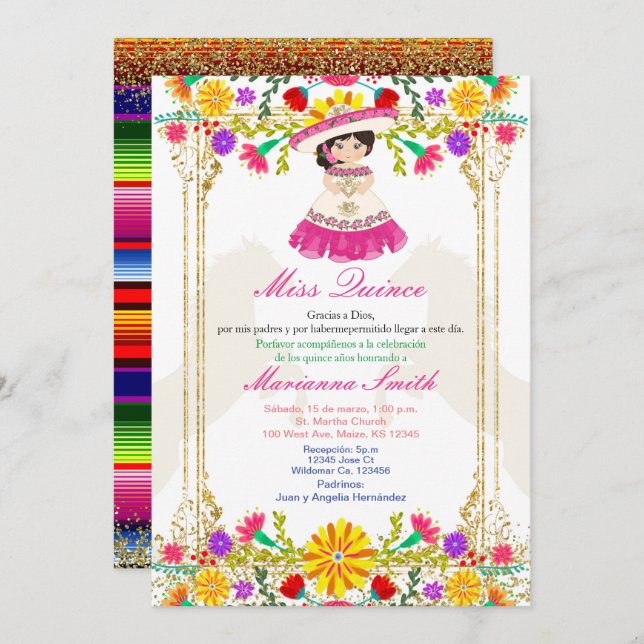 Invitation Coloré rose Floral mexicain Quinceañera  (Devant / Derrière)