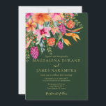 Invitation Coloré rose orange vert Tropical Floral Mariage<br><div class="desc">La faire-part de mariage tropicale est parfaite pour les couples qui prévoient un mariage d'été, de plage ou de destination. Cette invitation présente un design d'aquarelle magnifique et dynamique avec des fleurs tropicales dans les tons rose et orange, qui rappelle un magnifique paradis insulaire. Parmi les fleurs de l'arrangement figurent...</div>