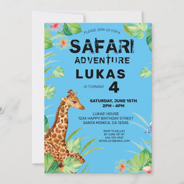 Invitation Coloré Tropical Jungle Safari Giraffe Anniversaire (Devant)