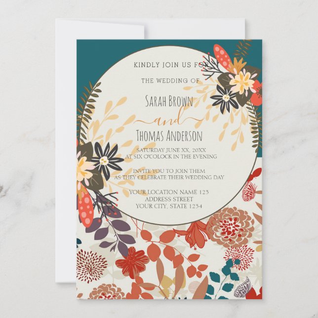 INVITATION COLORÉ TURQUOISE BOHO FLORAL (Devant)