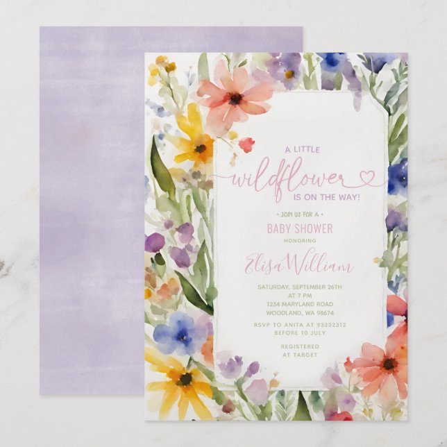 Invitation Coloré Un Peu Fleur sauvage Baby shower Verdure (Devant / Derrière)