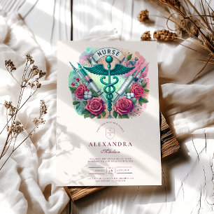 Invitation Colorée Caduceus Nurse Graduation avec Syringes