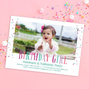 Invitation Colorée Confetti Girl Photo Anniversaire