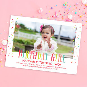 Invitation Colorée Confetti Girl Photo Anniversaire