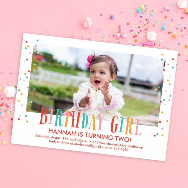 Invitation Colorée Confetti Girl Photo Anniversaire (Créateur téléchargé)