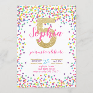 Invitation Colorée Confetti Gold Rainbow Girl 5e anniversaire