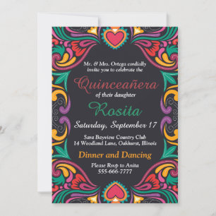 Invitation colorée de Quinceañera à bordure espagn