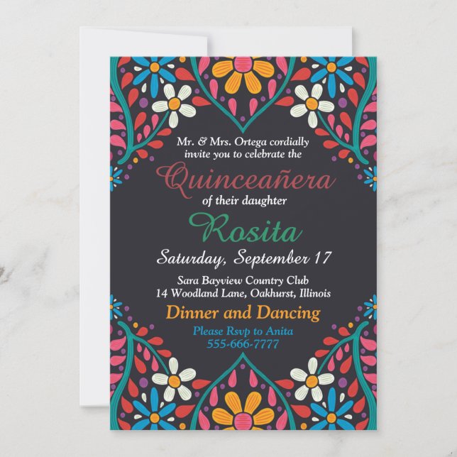 Invitation colorée de Quinceanera de frontière esp (Devant)
