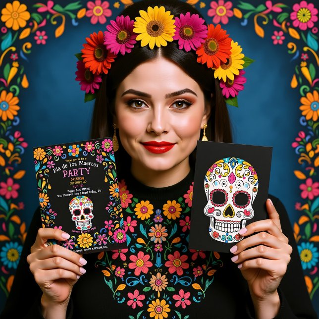 Invitation 💀 🎉 Colorée Día de Muertos (💀🎉 Colorful Día de Muertos Party Invitation, custom text)