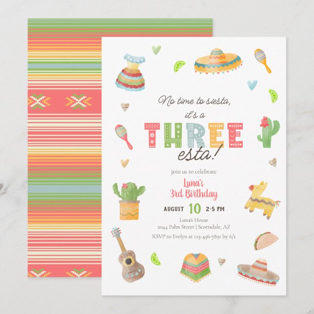 Invitation Colorée Fiesta mexicaine 3ème anniversaire Invitat (Devant / Derrière)