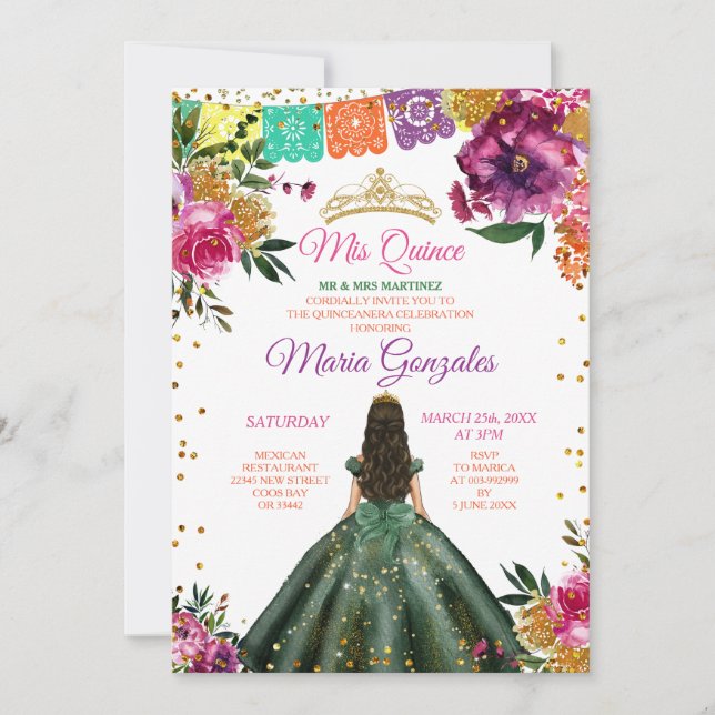 Invitation Colorée Quinceañera Emerald Green Flower Anniversa (Devant)