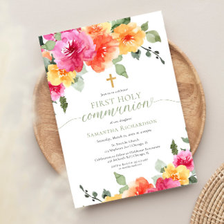 Invitation Colorée rose orangé pécons première communion sain