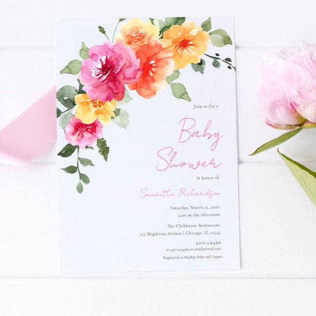 Invitation Colorée rose oranger pivoines fille baby shower (Créateur téléchargé)
