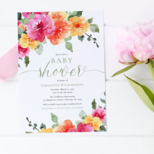 Invitation Colorée rose oranger pivoines fille baby shower in