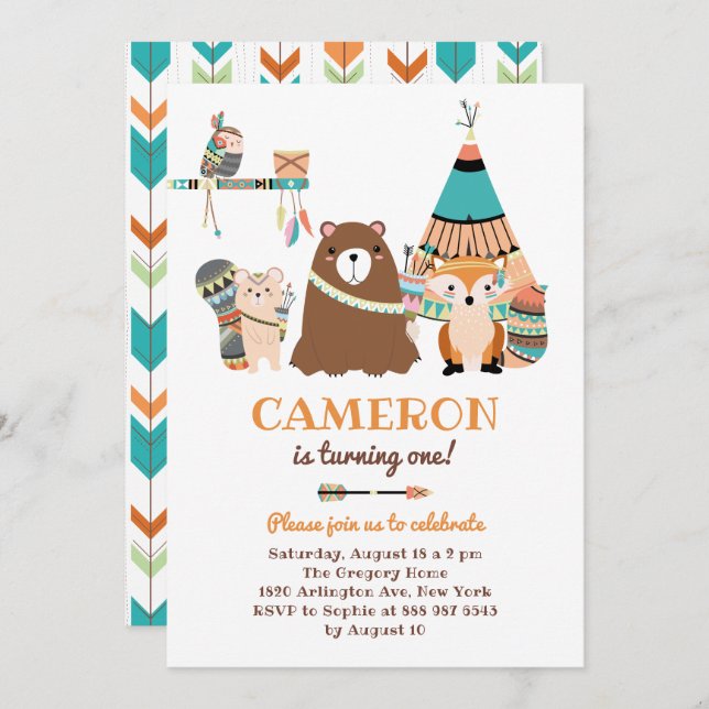 Invitation Colorée Tribal Woodland Friends Anniversaire Party (Devant / Derrière)