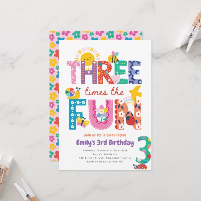 Invitation Colorful 3rd Birthday Invite, Three Times the Fun (Devant/Arrière en situation)