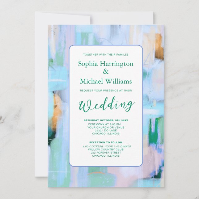 Invitation Colorful Abstract Pink Blue Wedding Invite QR Code (Devant)