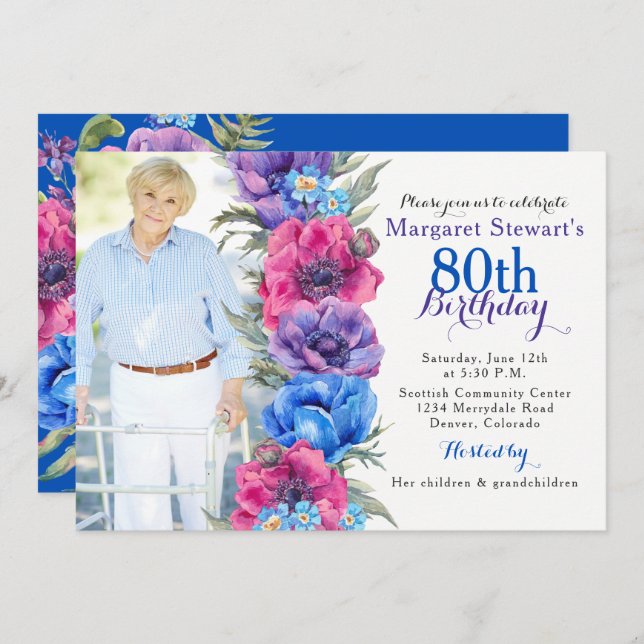 Invitation Colorful Anemone Floral Photo 80e anniversaire (Devant / Derrière)