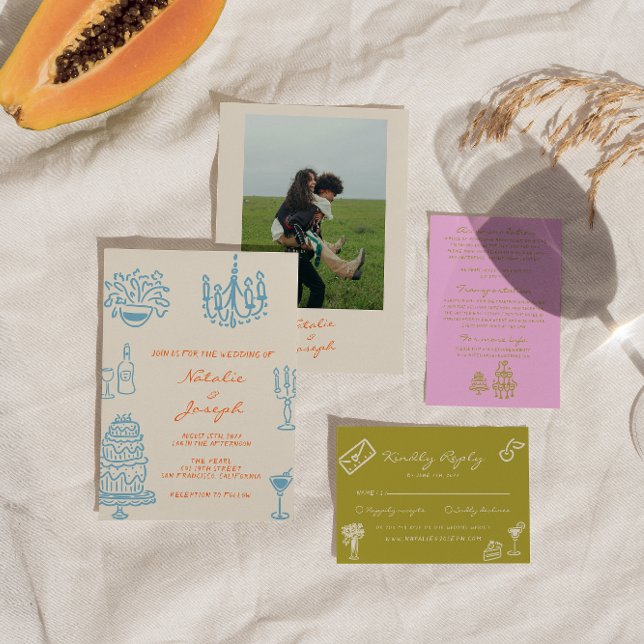 Invitation Colorful Blue Orang Hand Drawn Whimsical Wedding (Créateur téléchargé)