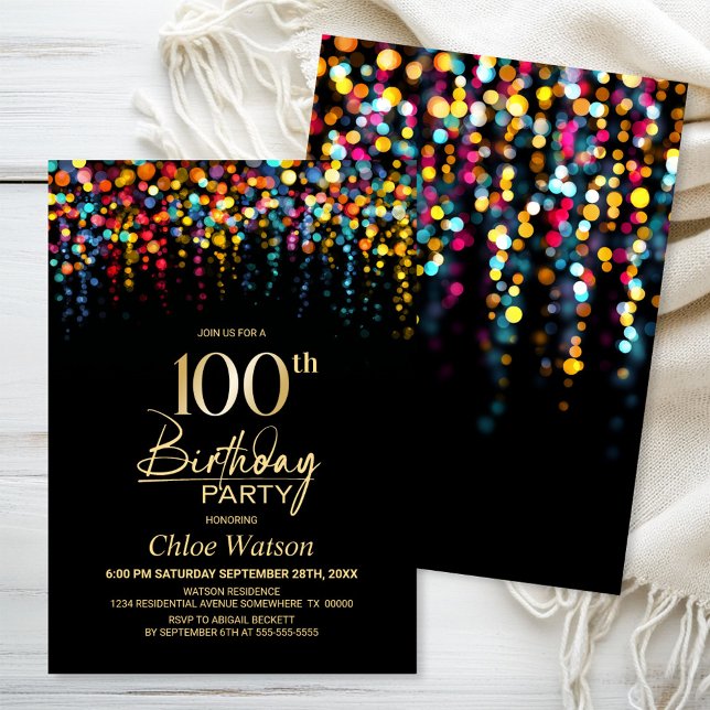 Invitation Colorful Bokeh Party Lights 100th Birthday Party (Créateur téléchargé)