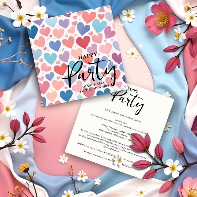 Invitation Colorful Chic Charming Scattered Hearts Engagement (Colorful Chic & Charming Scattered Hearts Engagement Party Invitations Cards.)
