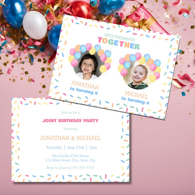 Invitation Colorful Confetti Balloon Photo Dual Birthday (Créateur téléchargé)
