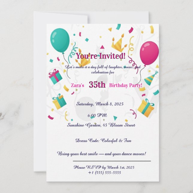 Invitation Colorful Confetti Balloons Fun 35th  (Devant)