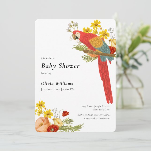 Invitation Colorful Elegant Floral Parrot Bird Baby Shower  (Debout devant)