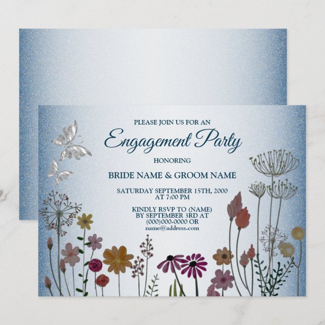 Invitation Colorful Floral Blue Glitter Engagement Party (Devant / Derrière)