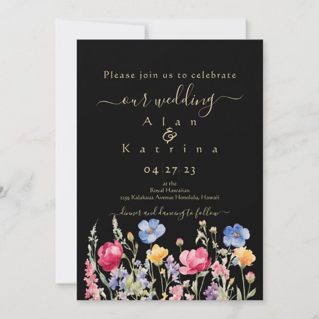 Invitation Colorful Garden Boho Wildflower On Black (Devant)