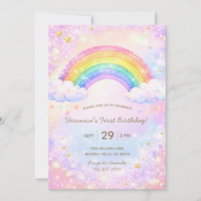 Invitation Colorful Glitter Rainbow Girl Birthday Party (Devant)