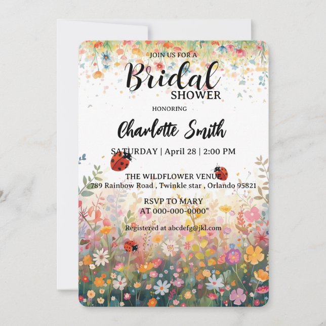 Invitation colorful ladybug Watercolor Wildflowers Personaliz (Devant)