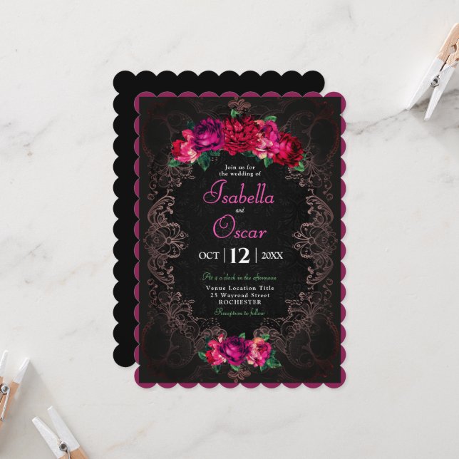 Invitation Colorful Mexican pink floral wedding black (Devant/Arrière en situation)