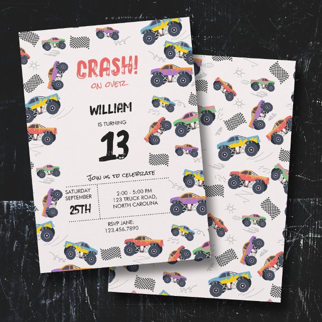 Invitation Colorful Monster Trucks Racing Anniversaire de enf (Colorful Monster Trucks Racing Kids Birthday Party Invitation)