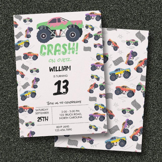 Invitation Colorful Monster Trucks Racing Anniversaire de enf (Colorful Monster Trucks Racing Kids Birthday Party Invitation)