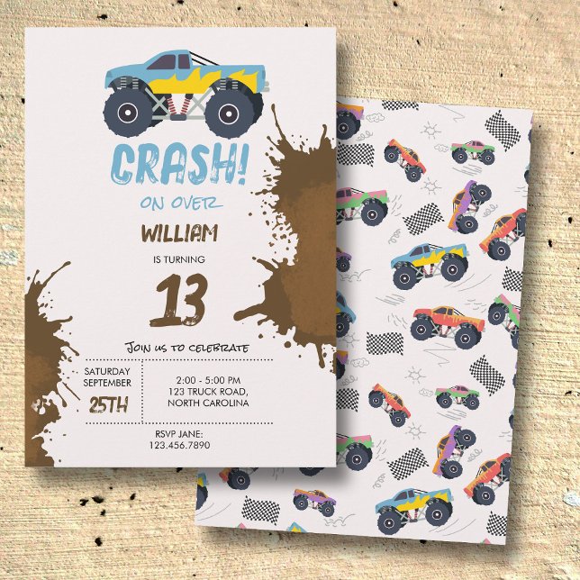 Invitation Colorful Monster Trucks Racing Anniversaire de enf (Colorful Monster Trucks Racing Kids Birthday Party Invitation)