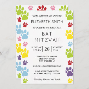 Invitation Colorful Paws, Paw Pattern, Dog Paws, Bat Mitzvah