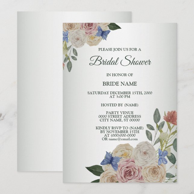 Invitation Colorful Pink Floral Blue Butterfly Bridal Shower (Devant / Derrière)