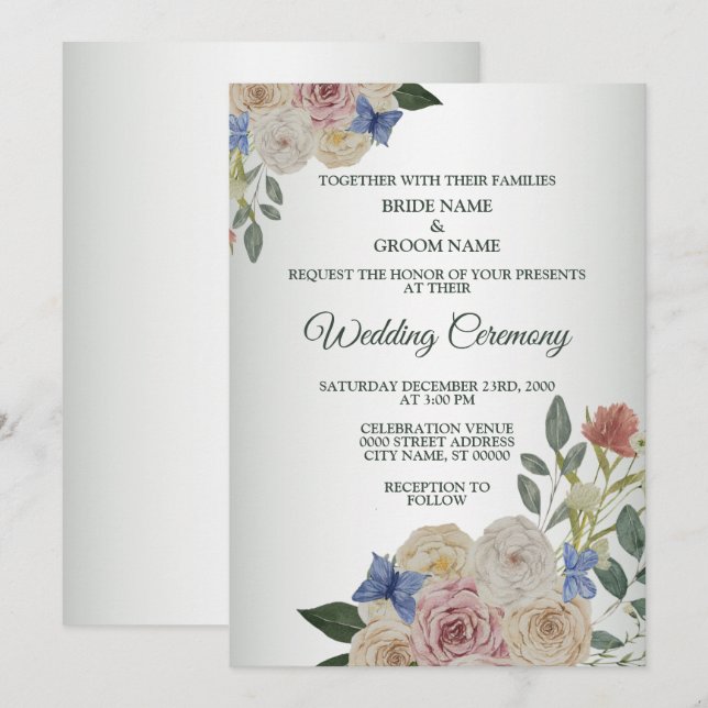 Invitation Colorful Pink Floral Blue Butterfly Green Wedding (Devant / Derrière)