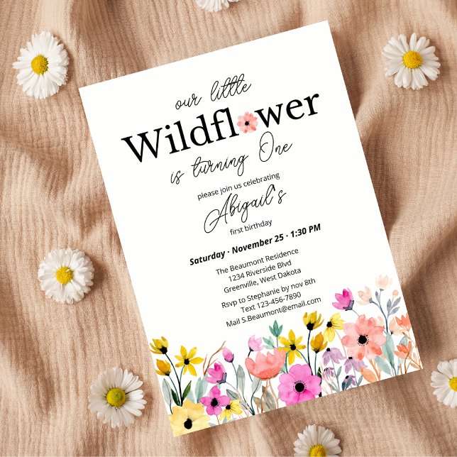 Invitation Colorful Pink Our Little Wildflower 1st Birthday (Créateur téléchargé)