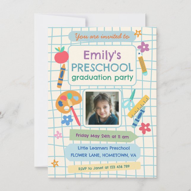 Invitation Colorful Preschool Graduation Photo Text (Devant)