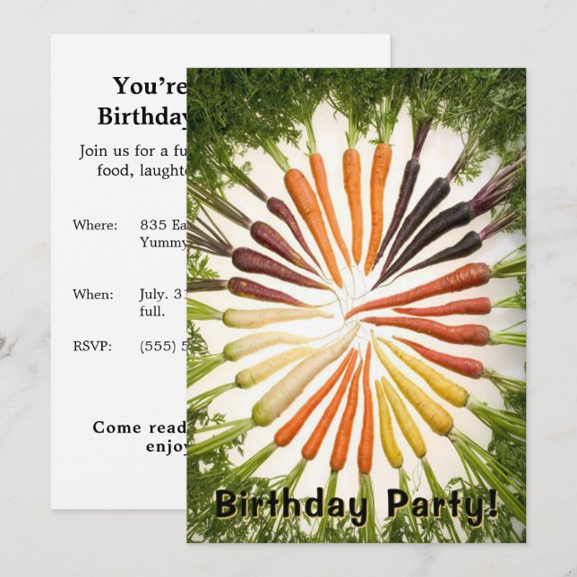 Invitation Colorful Rainbow Carrot Food Theme Birthday Party (Devant / Derrière)
