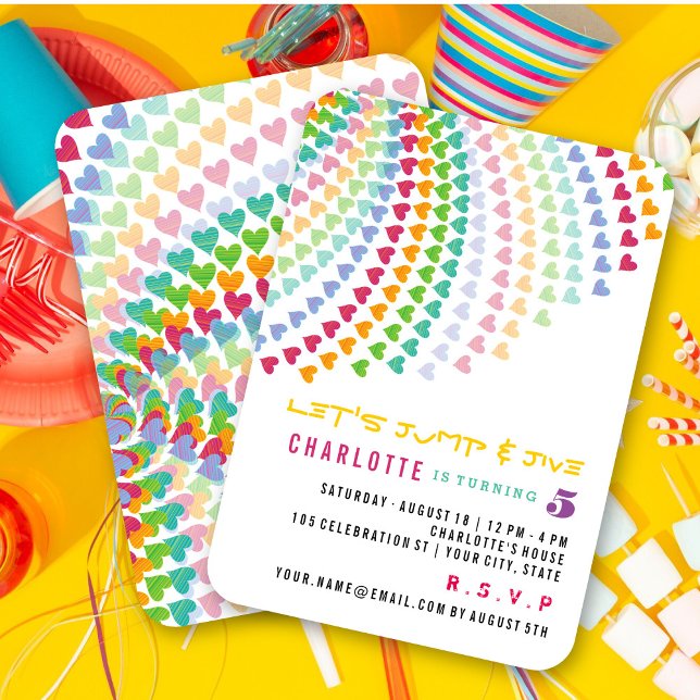 Invitation Colorful Rainbow Hearts Fun Anniversaire de enfant (Colorful Rainbow Hearts Love Fun Whimsical Kid's Birthday Party Invitation @ fat_fa_tin)