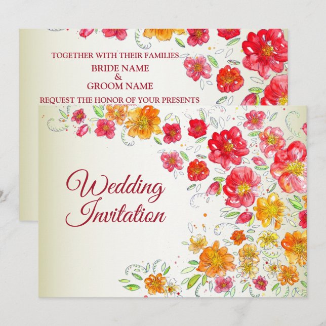 Invitation Colorful Red Yellow Pink Garden Floral Wedding (Devant / Derrière)
