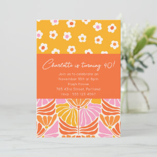 Invitation Colorful Retro Floral Orange 40e fête d'anniversai