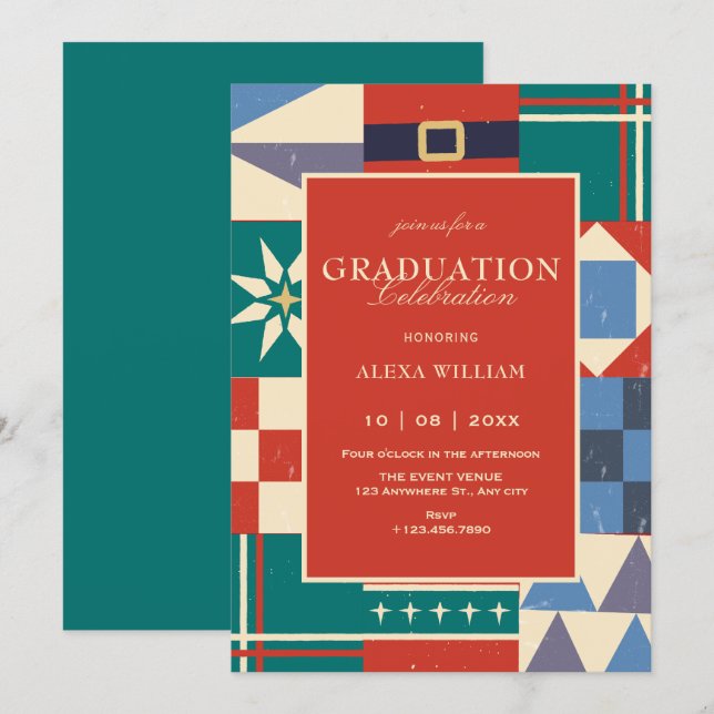 Invitation Colorful retro geometric graduation (Devant / Derrière)