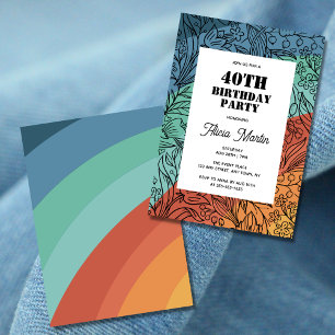 Invitation Colorful Retro Super Rainbow Floral 40e anniversai