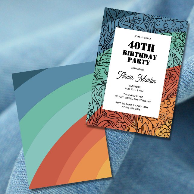 Invitation Colorful Retro Super Rainbow Floral 40e anniversai (Créateur téléchargé)