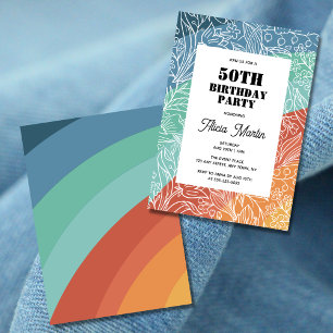 Invitation Colorful Retro Super Rainbow Floral 50e anniversai